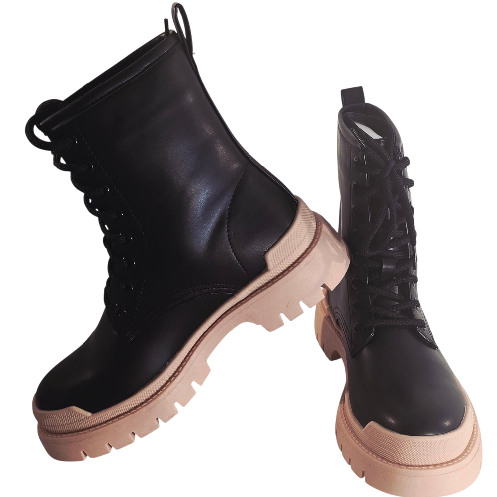 Fashion Nova Black Combat Boots with Cream Soles